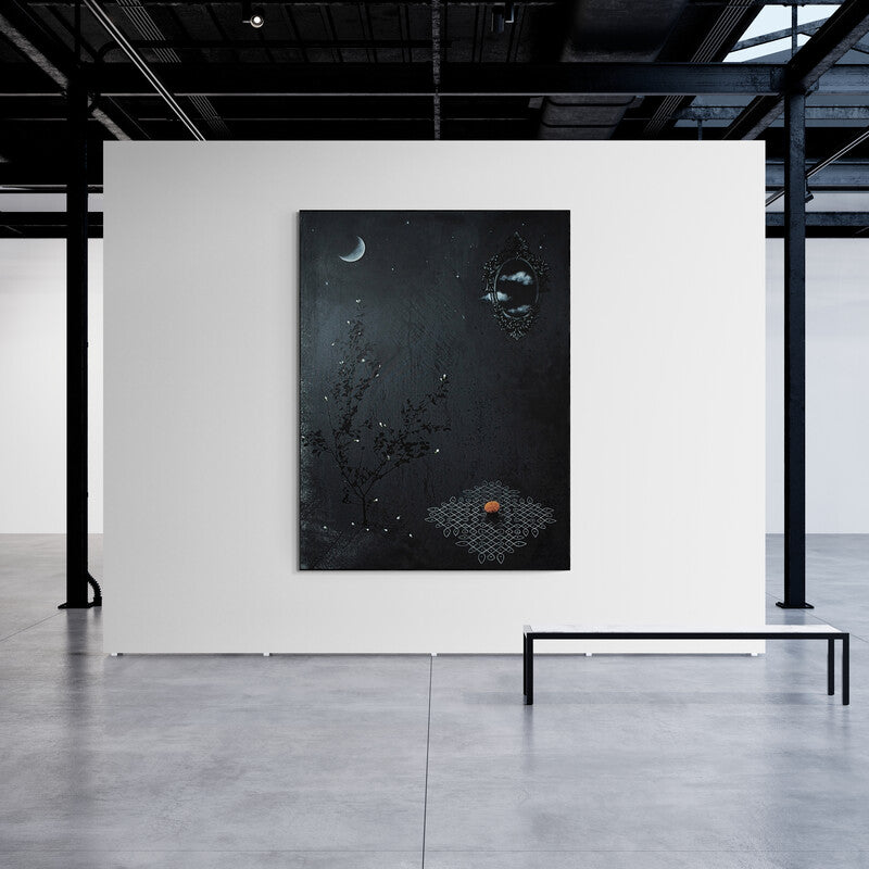 Raju T's painting 'Its Time For Sprinkling Fragrances 4 (Night Bloom)' displayed in a modern living room setting