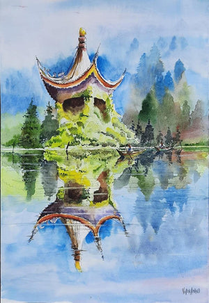 Ivy Temple Xian China (Tranquil Waters) by Vivekanand Viswam, Original Watercolor Cityscape Painting on Paper, Small Vertical Wall Art