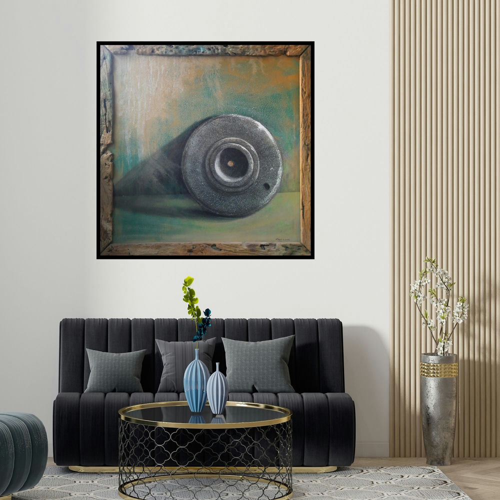 Gopal Pardeshi's 'Jaata (Relic of War)' painting visualized above a sofa in a contemporary room.