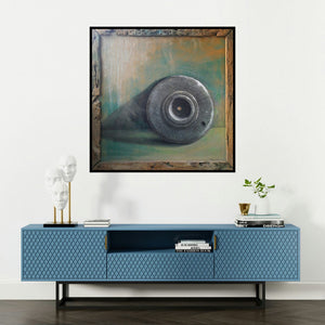 'Jaata (Relic of War)' painting by Gopal Pardeshi shown on a wall in a furnished room.