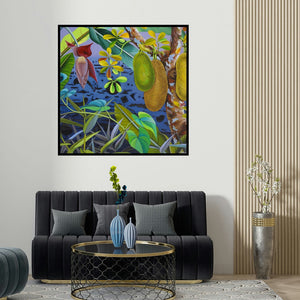 Sanjay Kumar Biswal's 'Jackfruit 2' painting visualized above a sofa in a contemporary room.