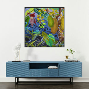 'Jackfruit 2' painting by Sanjay Kumar Biswal shown on a wall in a furnished room.