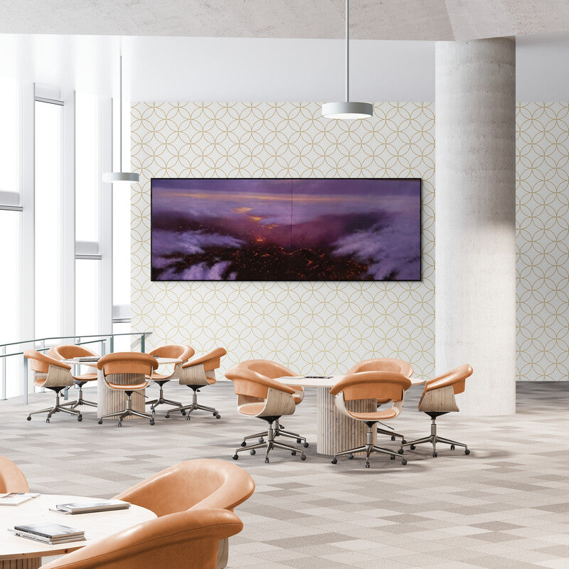 Preview of 'Jag Darshan Ka Mela (Fiery Sunset Over the Mountains)' Painting by Abhishek Acharya shown on a wall in a furnished room.