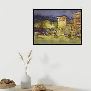 In-situ view of Amol Dubhele's 'Jaipur Night (Street Scene at Night)' painting in a room