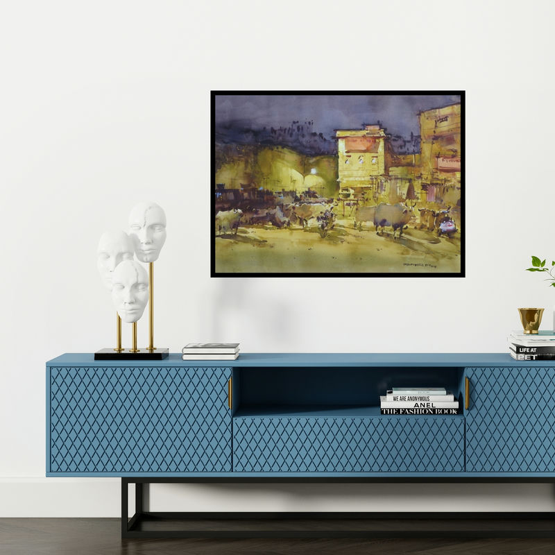 Preview of 'Jaipur Night (Street Scene at Night)' Painting by Amol Dubhele shown on a wall in a furnished room.