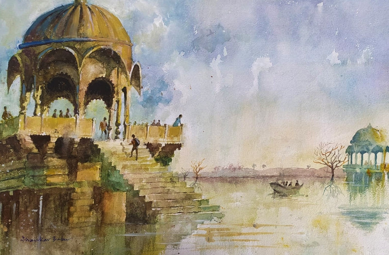 Jaisalmer Gadisar Lake' religious watercolor painting by artist Sankara Babu, 11x17 inch, on paper