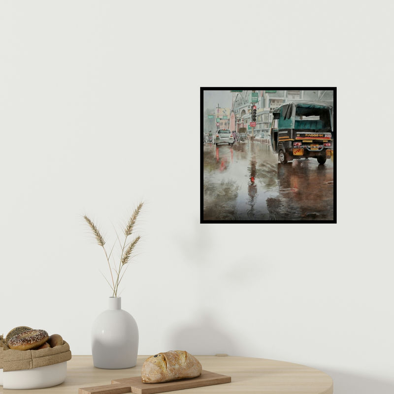 In-situ view of Manish Sharma's 'Jaistambh Chowk (Mumbai Street Scene in the Rain)' painting in a room