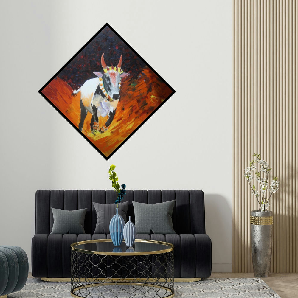 Vignesh Kumar's 'Jallikattu' painting visualized above a sofa in a contemporary room.