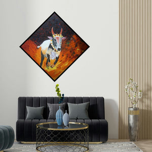 Vignesh Kumar's 'Jallikattu' painting visualized above a sofa in a contemporary room.