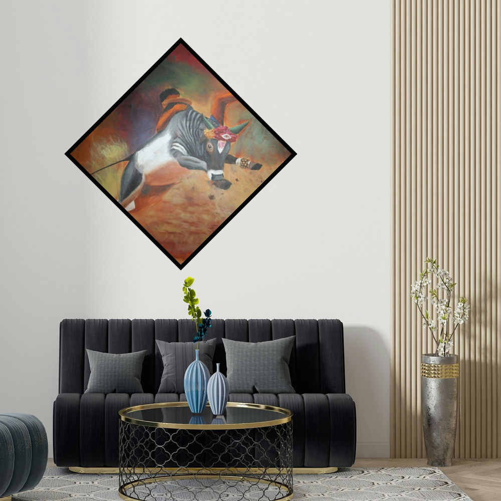 Vignesh Kumar's 'Jallikattu' painting visualized above a sofa in a contemporary room.