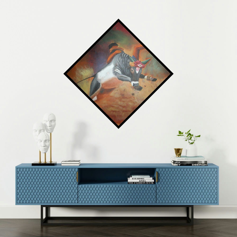 'Jallikattu' painting by Vignesh Kumar shown on a wall in a furnished room.