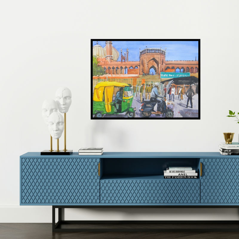 Preview of 'Jama Masjid Delhi (Jama Masjid Gate No. 1)' Painting by Bipul Roy shown on a wall in a furnished room.