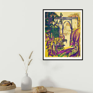 Vrindavan Solanki's 'Jamalpur Darwaza (A Vibrant Market Gateway)' painting visualized above a sofa in a contemporary room.