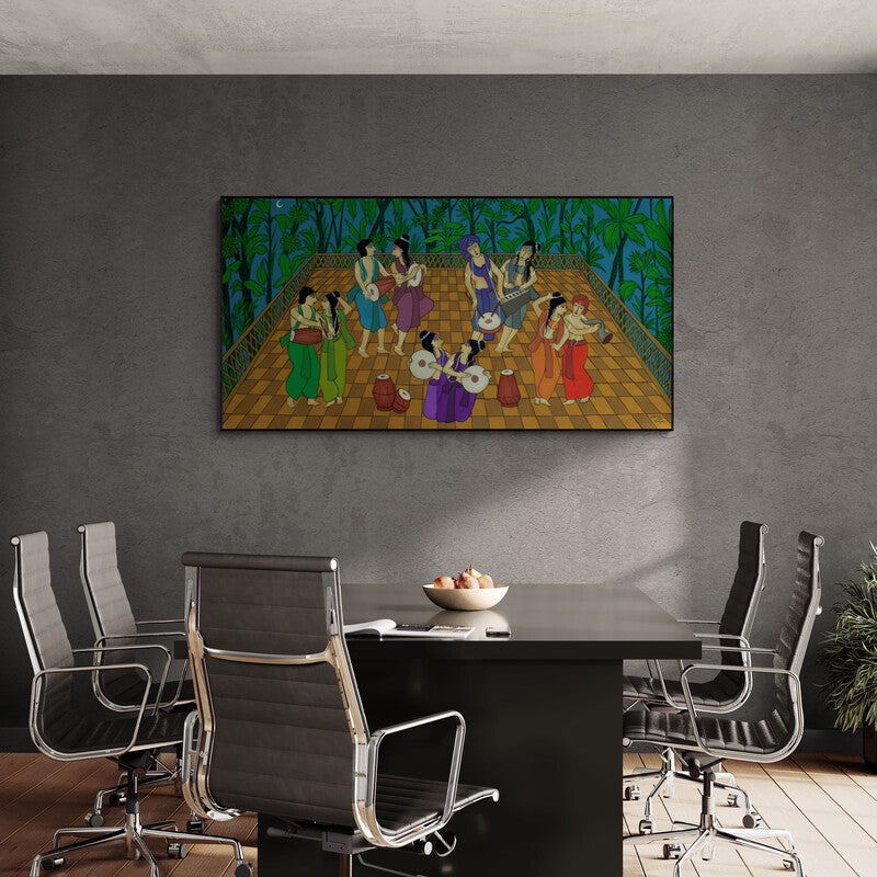 Preview of 'Jamboree (Jamboree)' Painting by Chetan Katigar shown on a wall in a furnished room.