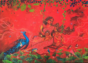 Janani (Motherly Love) by Lisha N T, Original Acrylic Religious Painting on Canvas, Medium Horizontal Wall Art