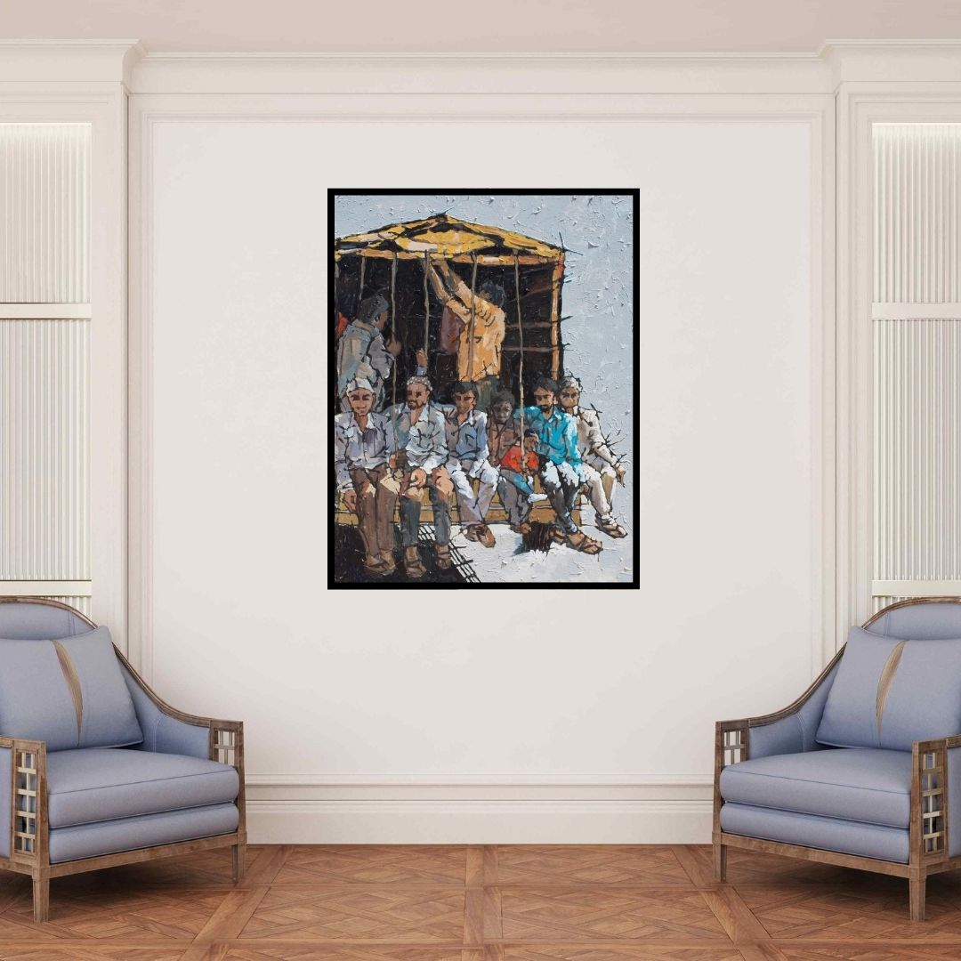 In-situ view of Seema Kamble's 'Jata Yeta 2 (The Daily Commute)' painting in a room