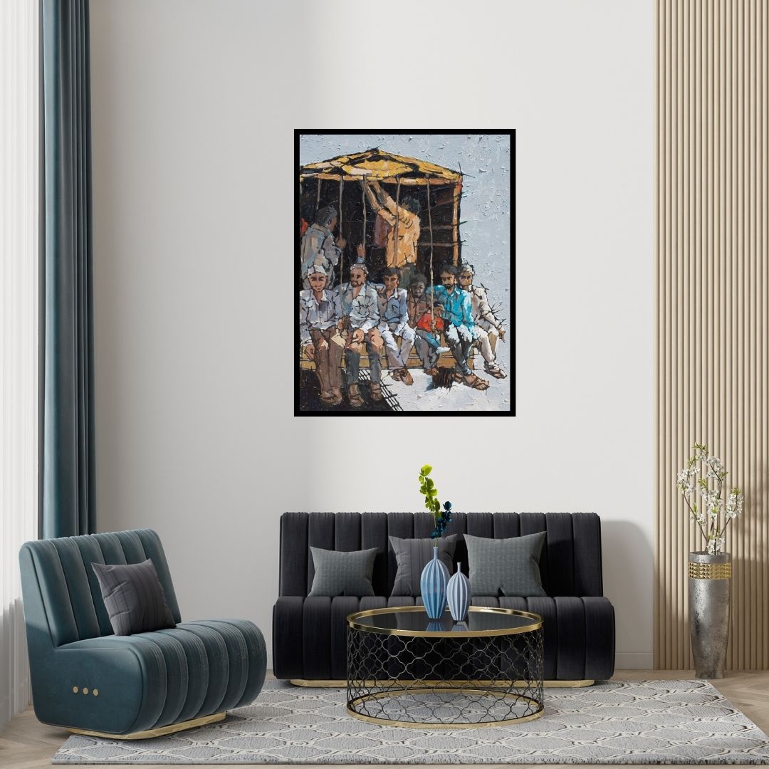 Preview of 'Jata Yeta 2 (The Daily Commute)' Painting by Seema Kamble shown on a wall in a furnished room.