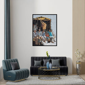 Preview of 'Jata Yeta 2 (The Daily Commute)' Painting by Seema Kamble shown on a wall in a furnished room.