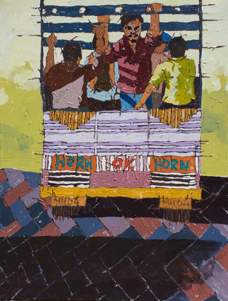 Figurative acrylic painting titled 'Jata Yeta 4', 48x36 inches, by artist Seema Kamble on Canvas