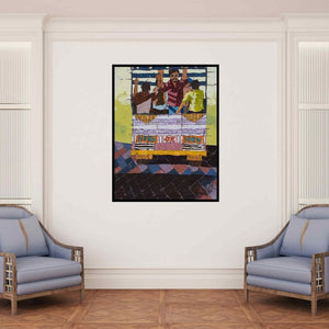 In-situ view of Seema Kamble's 'Jata Yeta 4 (The Horn Ok Please)' painting in a room