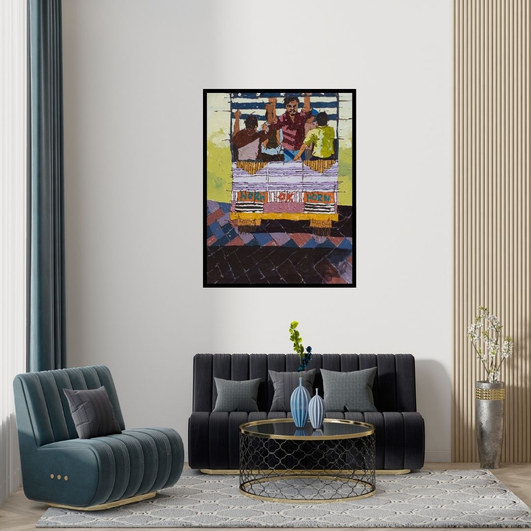 Preview of 'Jata Yeta 4 (The Horn Ok Please)' Painting by Seema Kamble shown on a wall in a furnished room.