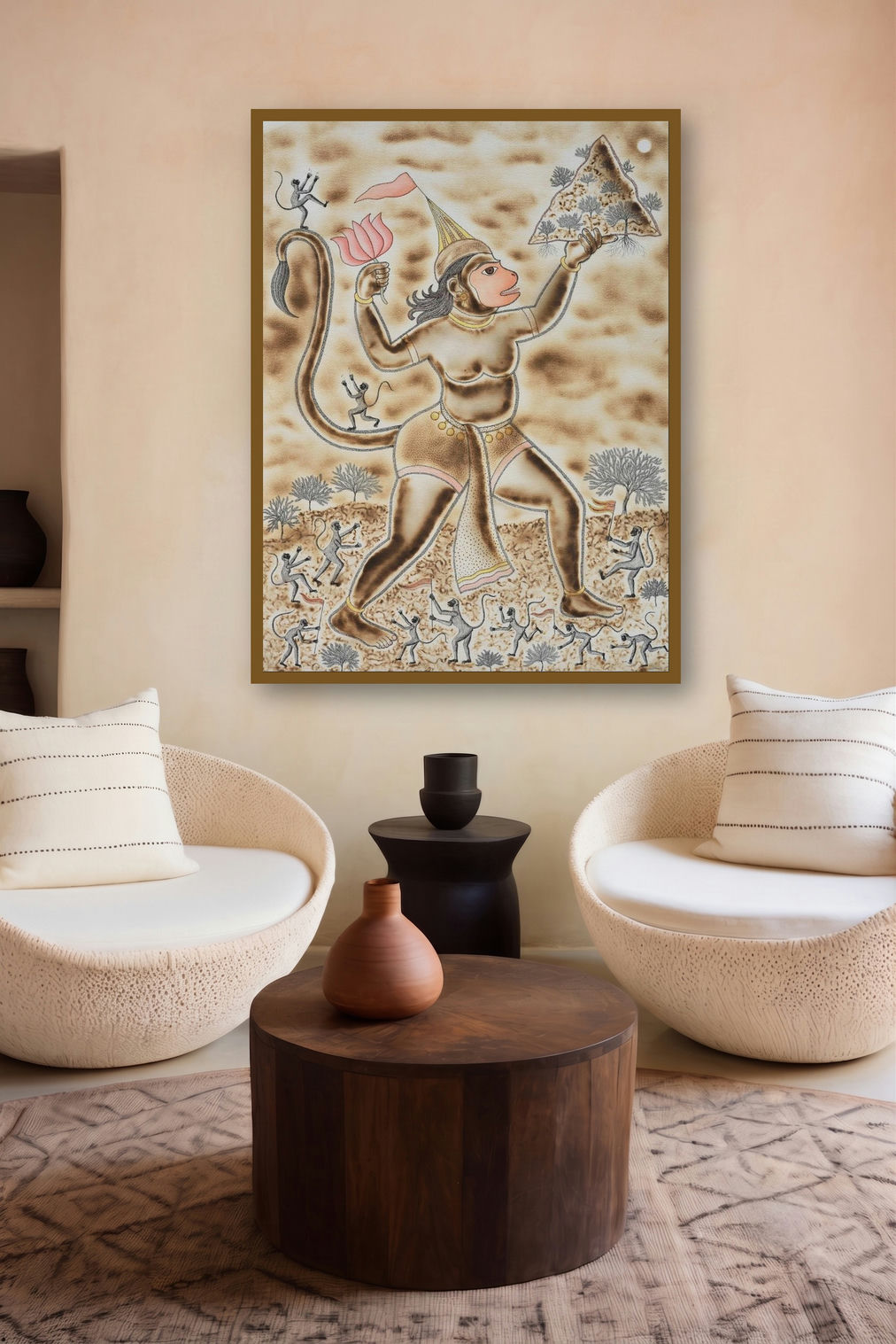 Jay Shri Ram Jay Hanuman (Hanuman's Heroic Feat) by artist Kamal Rana displayed in a Minimalist gallery