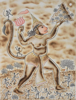 Jay Shri Ram Jay Hanuman (Hanuman's Heroic Feat) by Kamal Rana, Original Mixed Media Religious Painting on Paper, Medium Vertical Wall Art