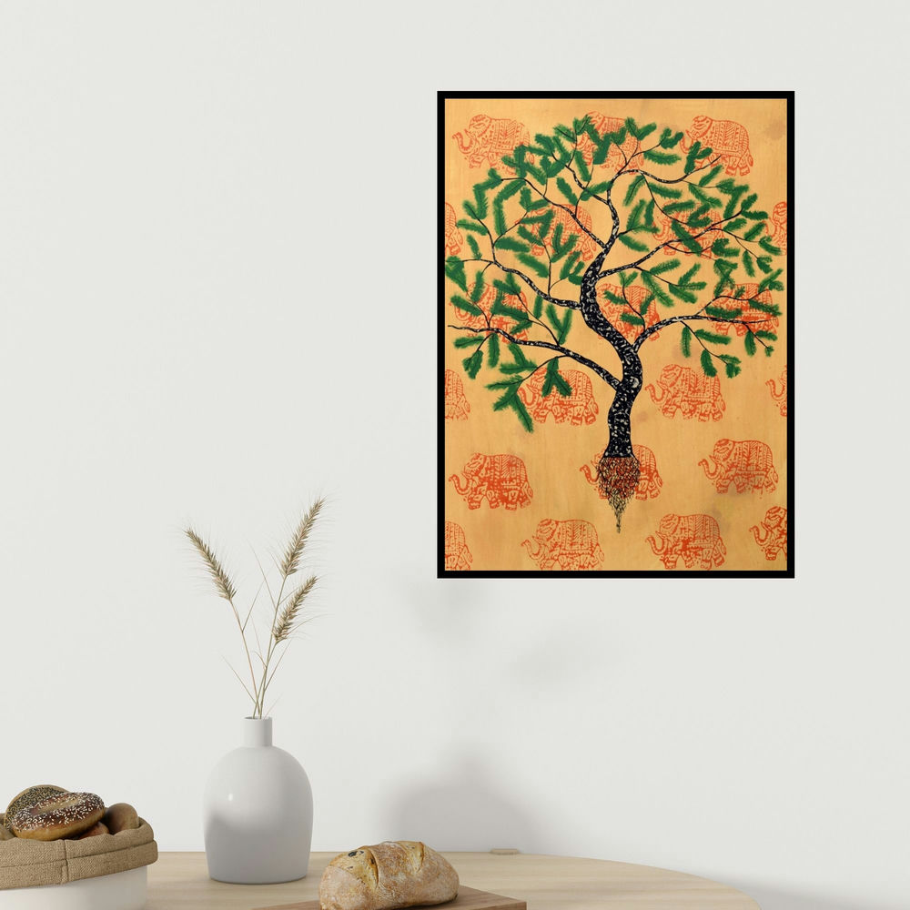 Sumit Mehndiratta's 'Jaya Vriksh (Tree of Life with Elephant Motifs)' painting visualized above a sofa in a contemporary room.