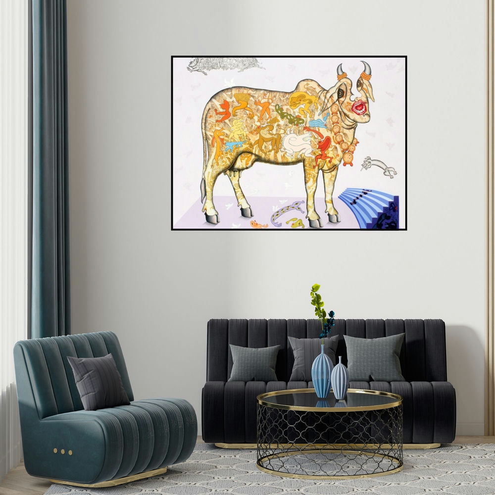 Fayyaz Khan's 'Jeevan Ek Rangmanch (The Dreaming Cow)' painting visualized above a sofa in a contemporary room.