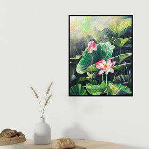 Lasya Upadhyaya's 'Jewel Of The Swamp' painting visualized above a sofa in a contemporary room.