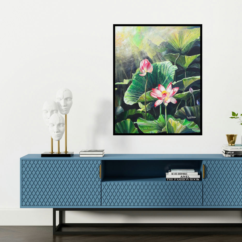 'Jewel Of The Swamp' painting by Lasya Upadhyaya shown on a wall in a furnished room.
