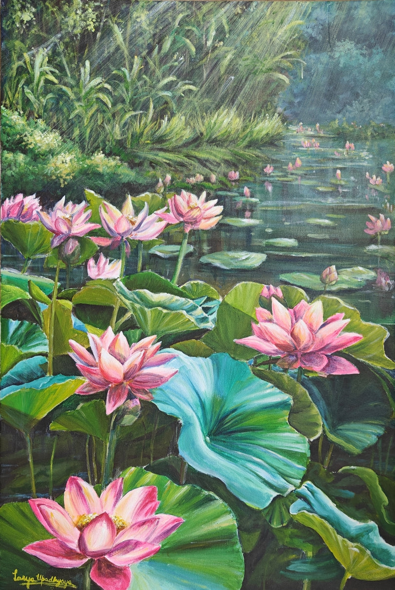 Jewels Of The Swamp' nature acrylic painting by artist Lasya Upadhyaya, 36x24 inch, on canvas
