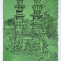 Cityscape serigraphs painting titled 'Jhulta Minaras', 22x15 inches, by artist Vrindavan Solanki on Paper