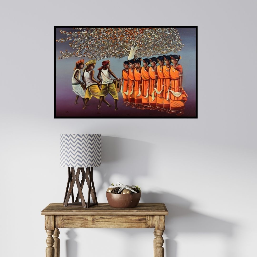 In-situ view of Sumon Naskar's 'Jhumair (Rhythmic Celebration)' painting in a room