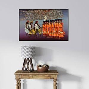 In-situ view of Sumon Naskar's 'Jhumair (Rhythmic Celebration)' painting in a room