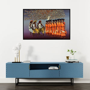 Preview of 'Jhumair (Rhythmic Celebration)' Painting by Sumon Naskar shown on a wall in a furnished room.