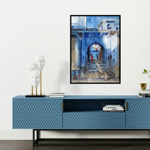 'Jodhpur (Blue City Glimpse)' painting by Sanjay Dhawale shown on a wall in a furnished room.