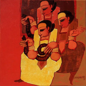 Jogava 10 (Gathering Threads) by Sarang Waghmare, Original Acrylic Figurative Painting on Canvas, Medium Square Wall Art