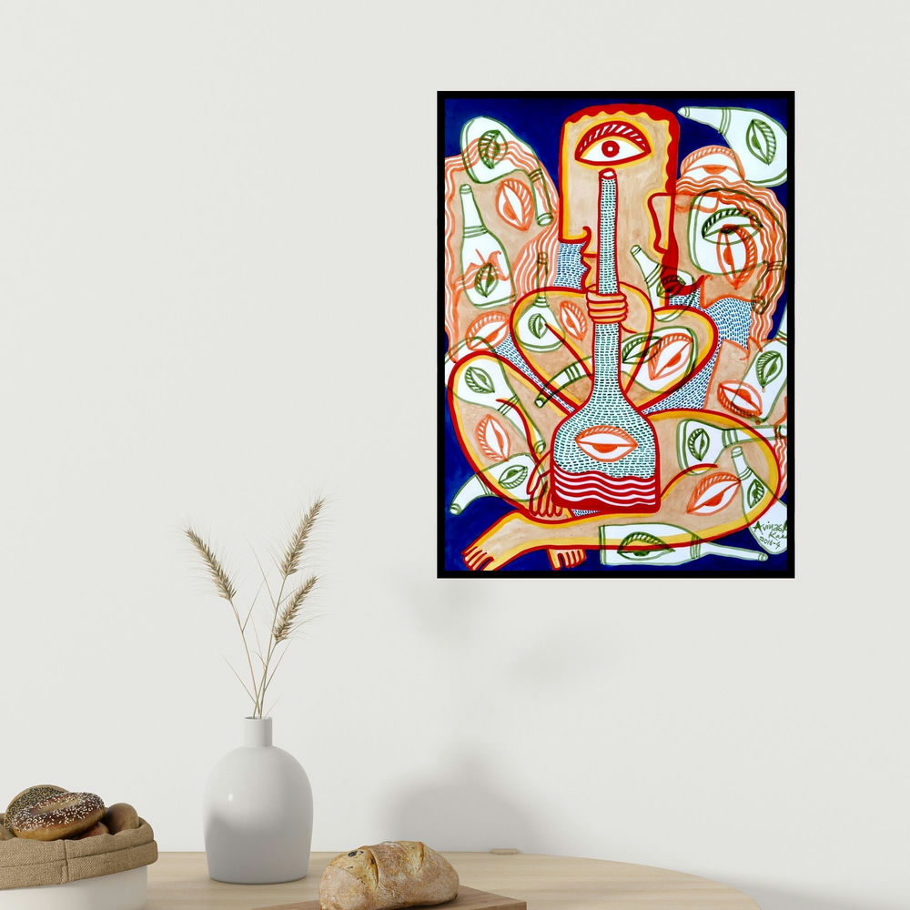 Avinash Karn's 'Joie De Vivre' painting visualized above a sofa in a contemporary room.