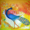 Figurative acrylic painting titled 'Joureny With Peacock', 53x53 inches, by artist Madan Lal on Canvas