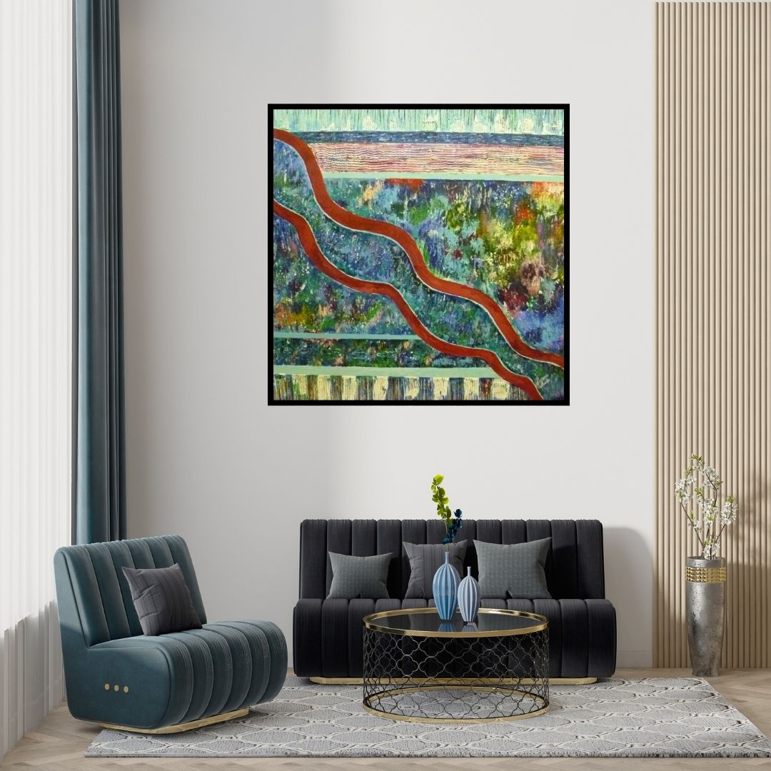 Preview of 'Journey (Flowing Forms)' Painting by Subodh Maheshwari shown on a wall in a furnished room.