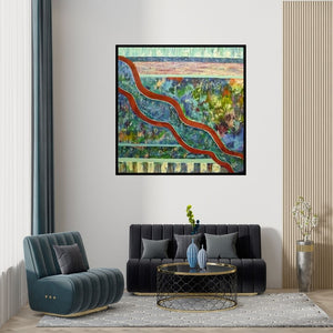 Preview of 'Journey (Flowing Forms)' Painting by Subodh Maheshwari shown on a wall in a furnished room.