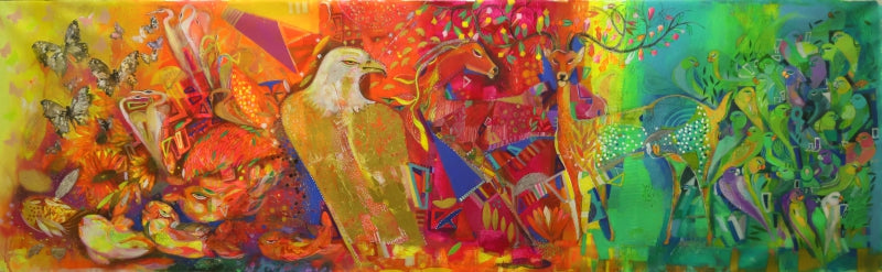 Journey With Angels' contemporary acrylic painting by artist Madan Lal, 36x126 inch, on canvas