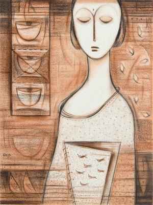 Journey Iii (Quietude: A Moment of Reflection) by Dattatraya Thombare, Original Acrylic Figurative Painting on Canvas, Small Vertical Wall Art