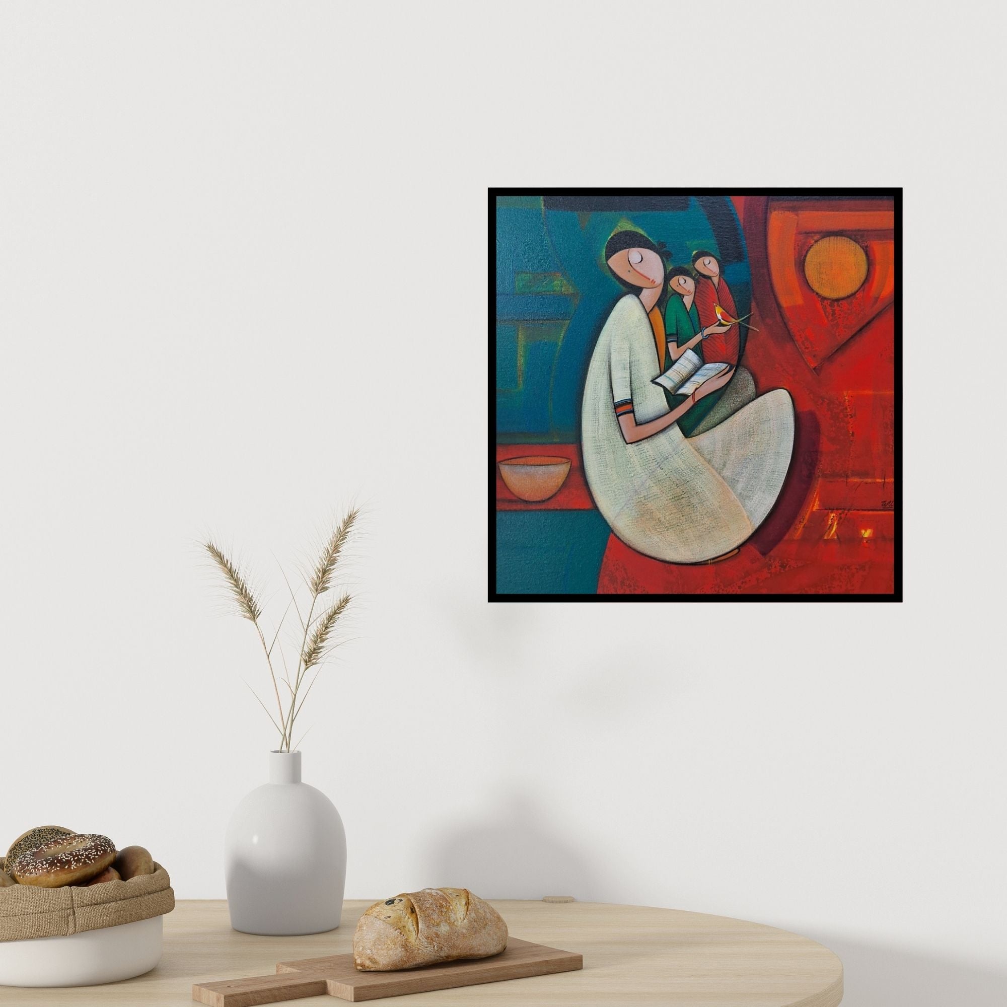 In-situ view of Dattatraya Thombare's 'Journey Of A Mother 2' painting in a room