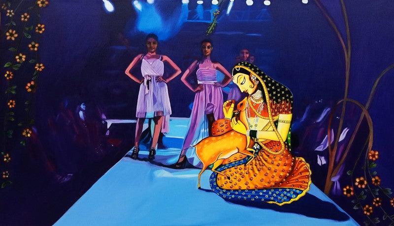 Figurative oil painting titled 'Journey of Life and Culture II', 60x33 inches, by artist Shrabani Maity on Canvas