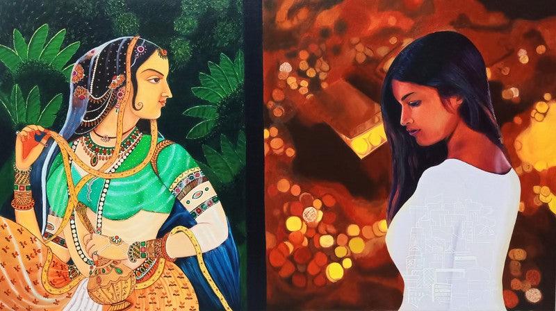 Figurative oil painting titled 'Journey of Life and Culture VI', 60x33 inches, by artist Shrabani Maity on Canvas