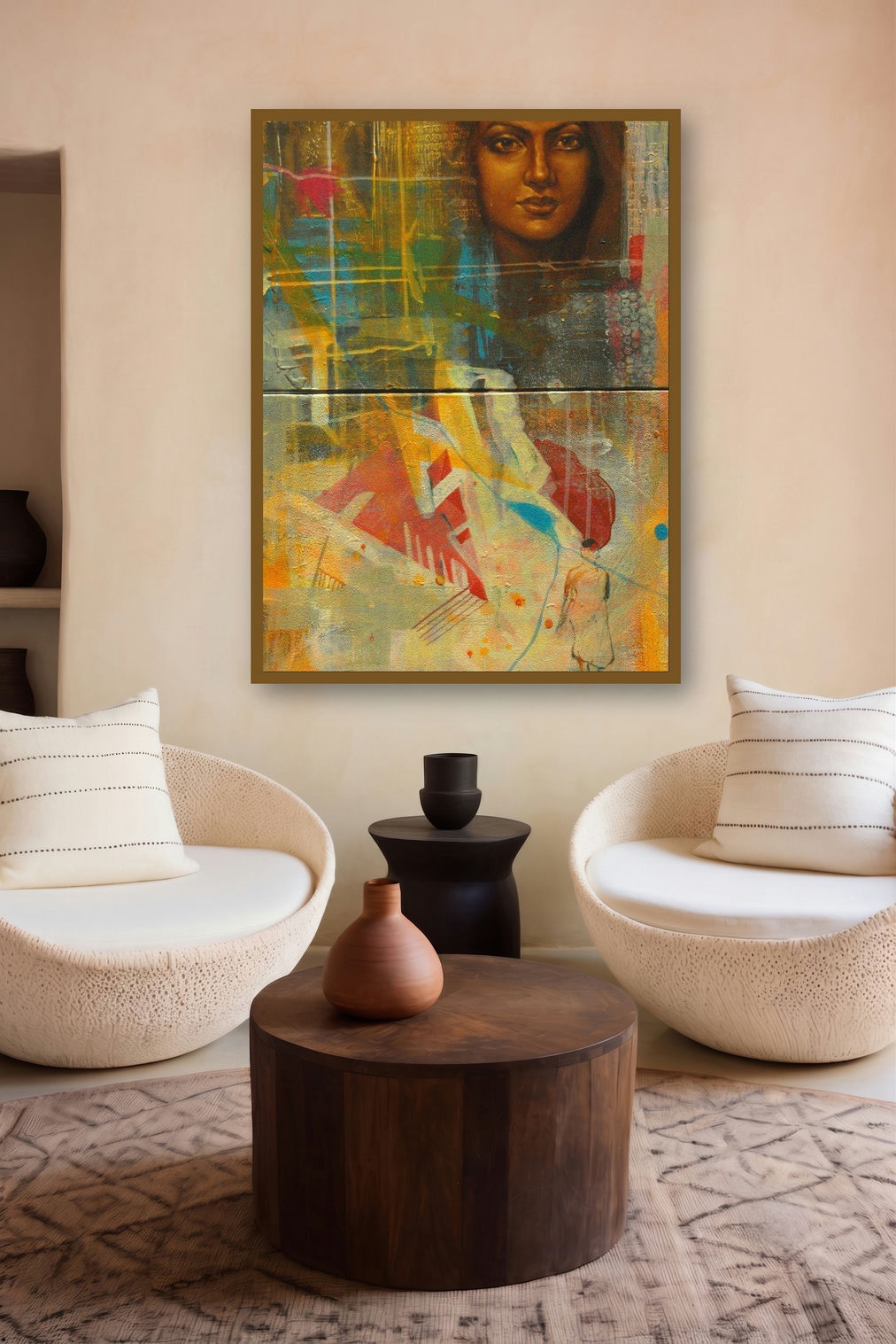 Journey Of Life (Mixed Media Portrait with Abstract Figures) by artist Harisadhan Dey displayed in a Minimalist gallery