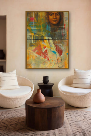 Journey Of Life (Mixed Media Portrait with Abstract Figures) by artist Harisadhan Dey displayed in a Minimalist gallery