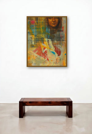 Journey Of Life (Mixed Media Portrait with Abstract Figures) by artist Harisadhan Dey displayed in a Traditional Executive Office